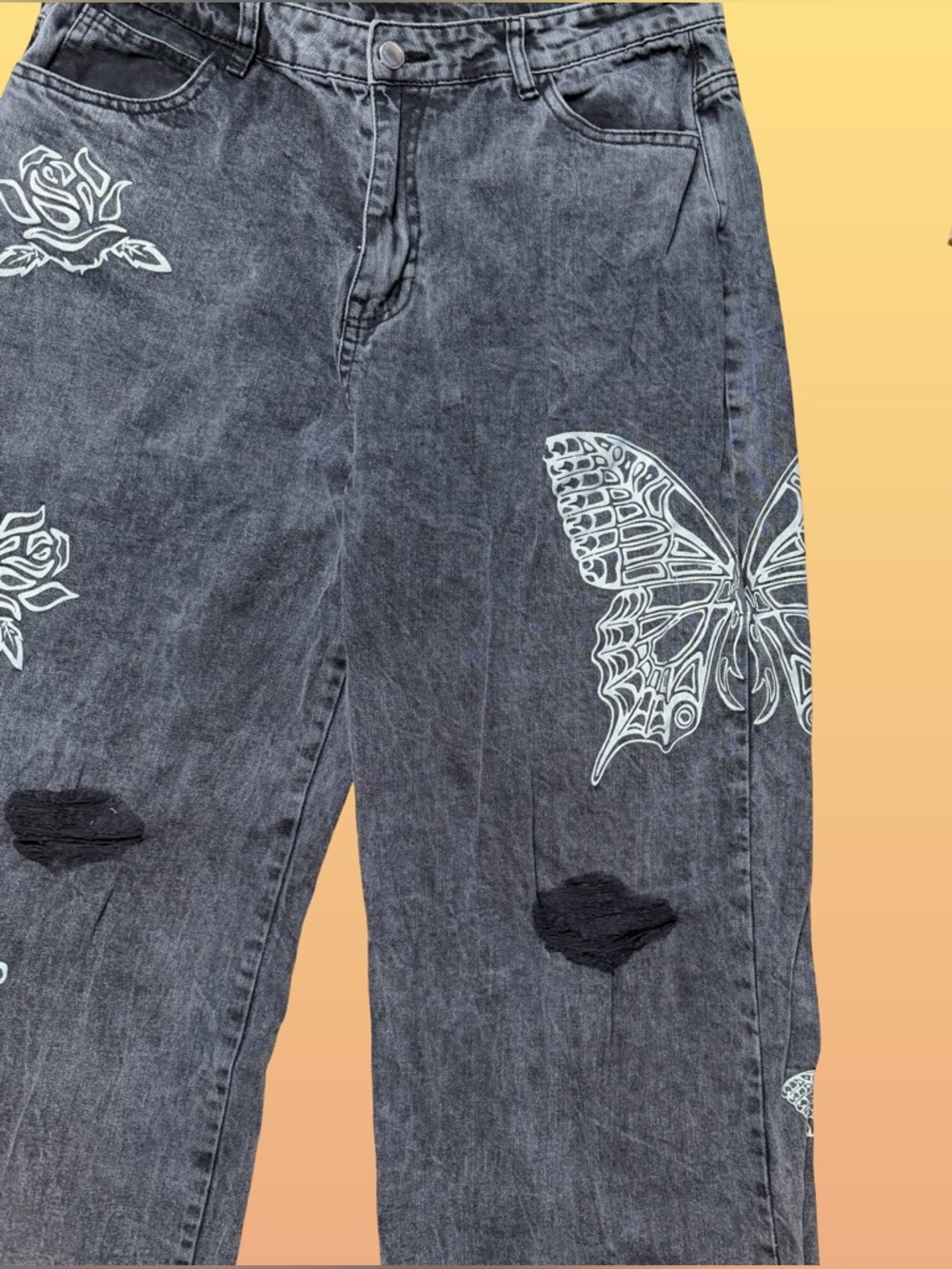 Daisy Street Butterfly Rose Graphic Wide Leg Jeans Gray Acid Wash Distressed XL - Picture 3 of 8